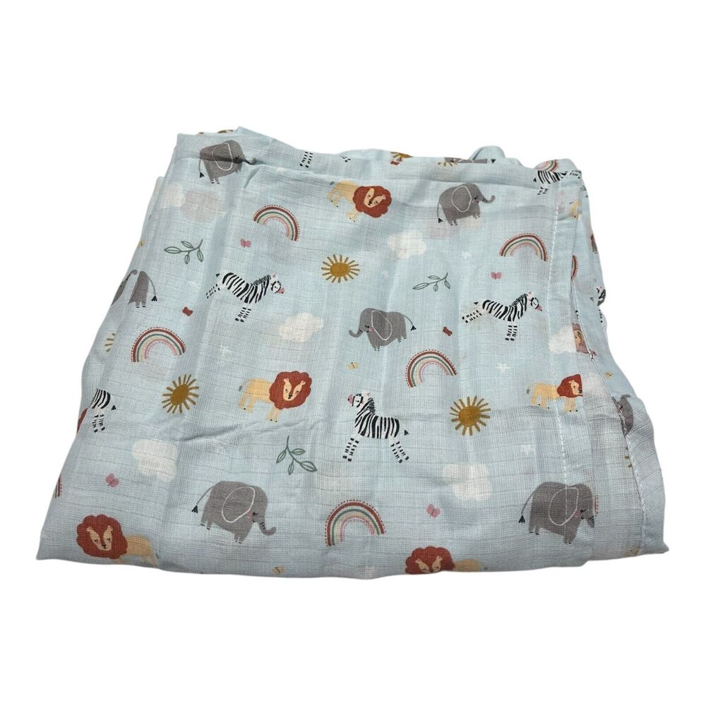 Lily & Dan Blue Muslin Baby Blanket Animals Rainbow Noah’s Ark